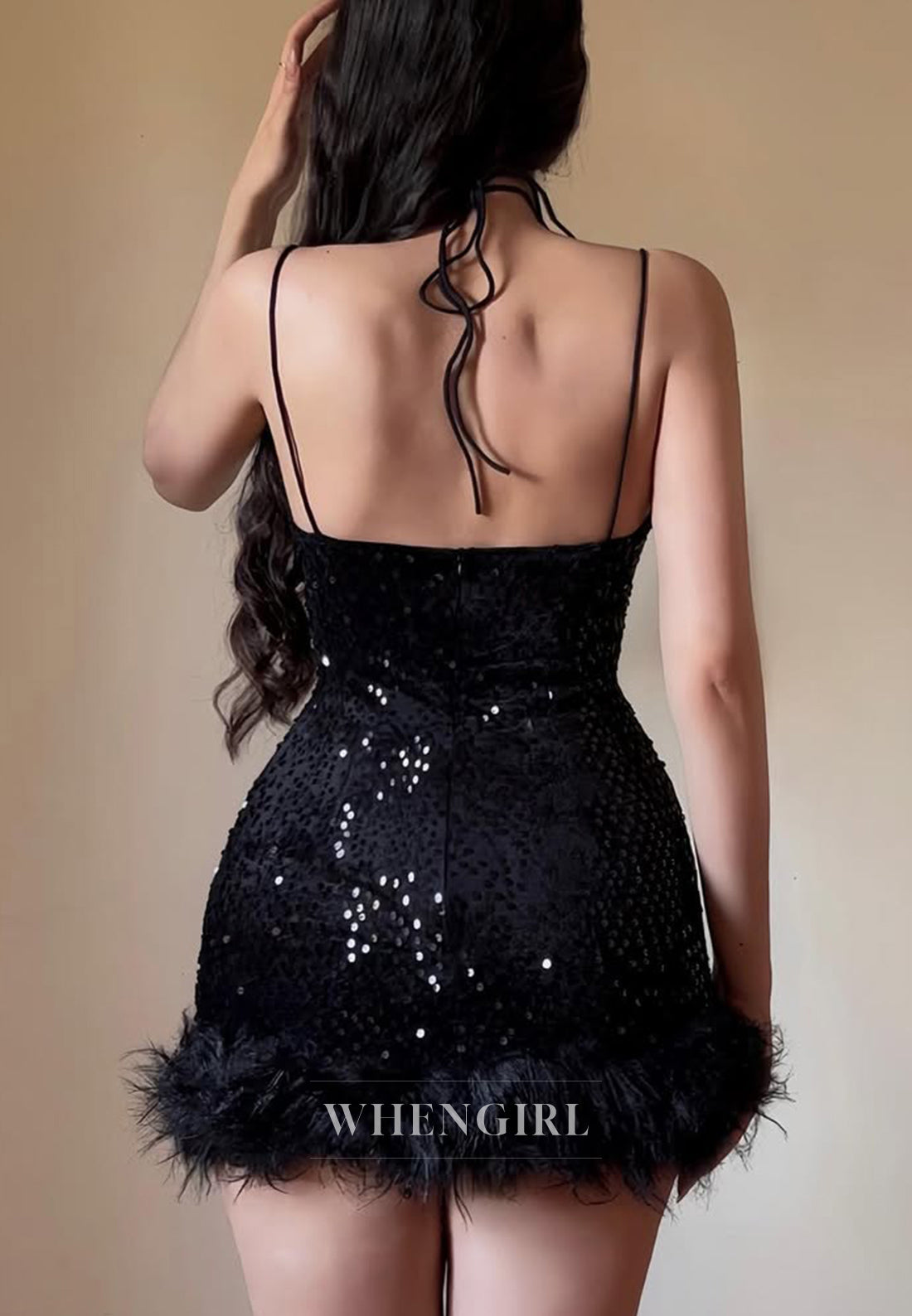 V Neck Sleeveless Sequins Sheath Feather Back Zipper Short Homecoming Dress