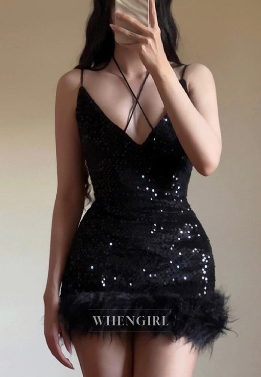 V Neck Sleeveless Sequins Sheath Feather Back Zipper Short Homecoming Dress