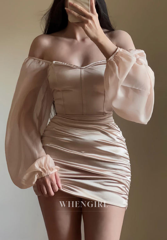 Light Champagne Long Sleeves Off Shoulder Pleated Sheath Short Homecoming Dress