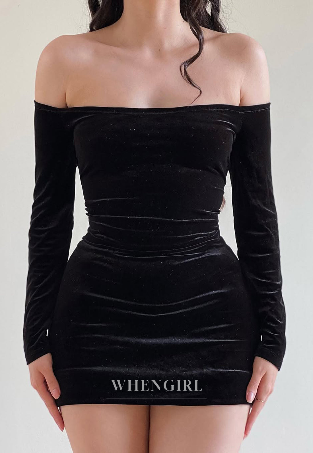 Black Sheath Long Sleeves Off Shoulder Velvet Short Homecoming Dress WhenGirl Black Sheath Long Sleeves Off Shoulder Velvet Short Homecoming Dress WhenGirl