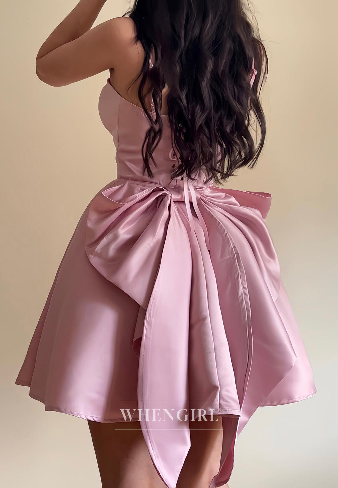 A-Line Satin Spaghetti Straps Party Dress Sleeveless Bowknot Lace Up Homecoming Dress