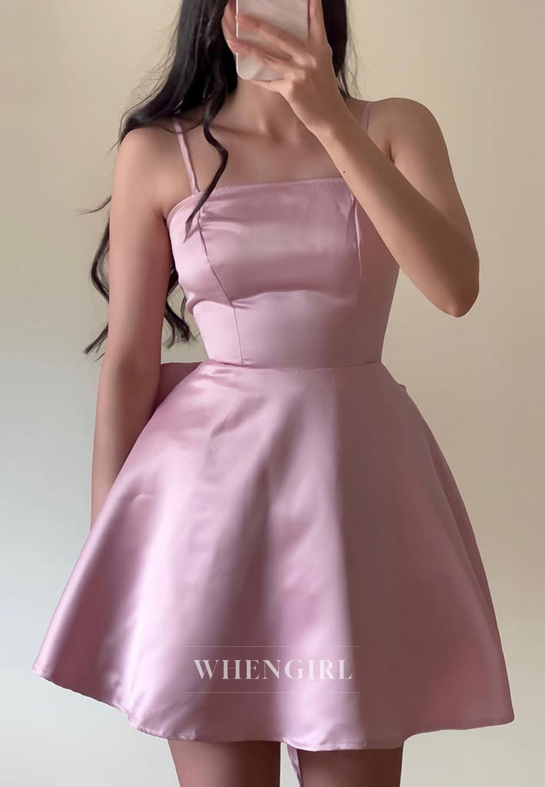 A-Line Satin Spaghetti Straps Party Dress Sleeveless Bowknot Lace Up Homecoming Dress