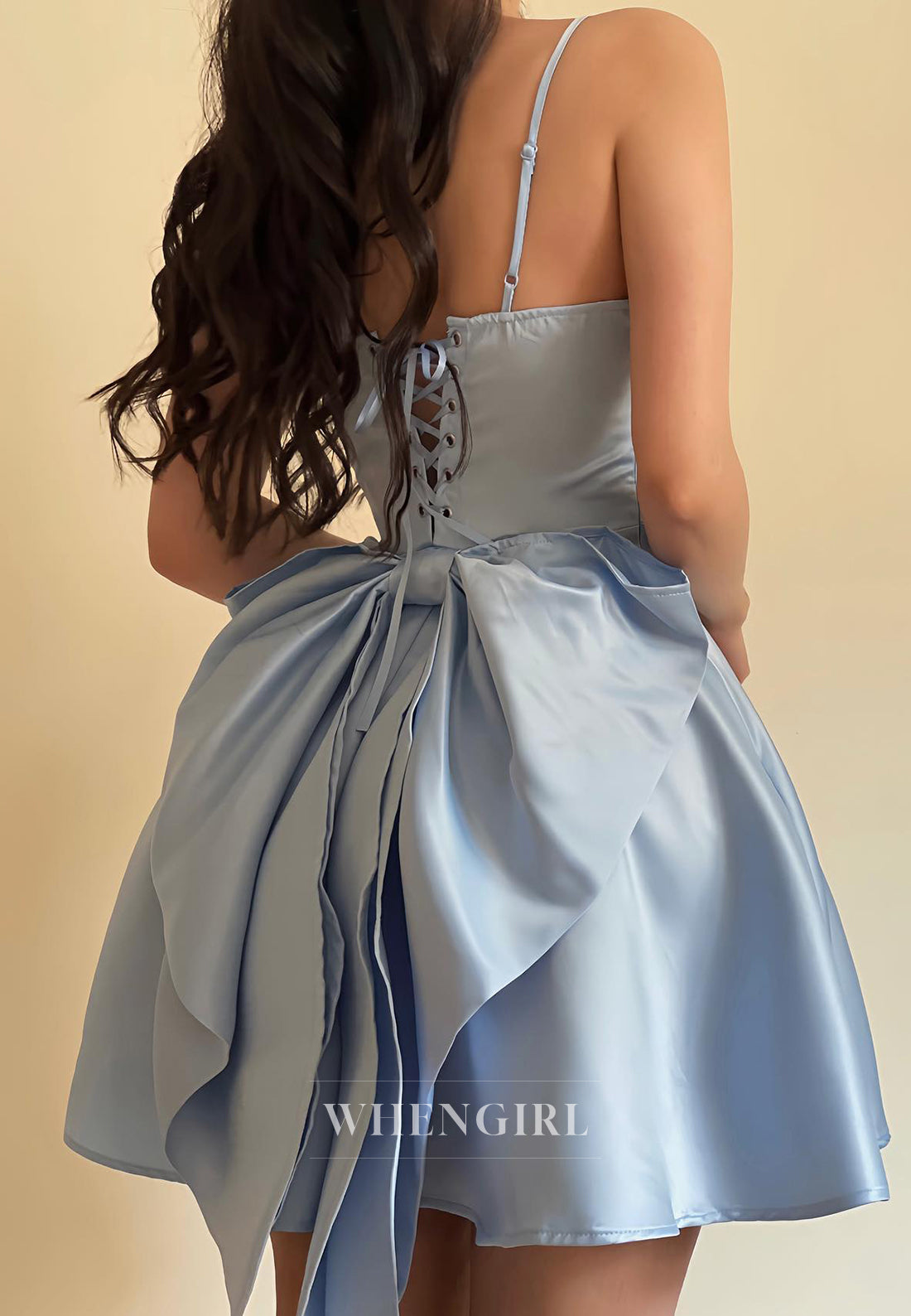 A-Line Satin Spaghetti Straps Party Dress Sleeveless Bowknot Lace Up Homecoming Dress