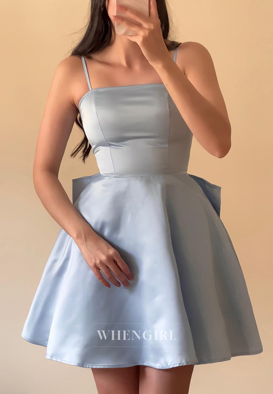 A-Line Satin Spaghetti Straps Party Dress Sleeveless Bowknot Lace Up Homecoming Dress