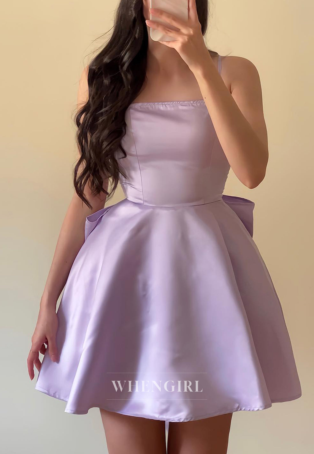 A-Line Satin Spaghetti Straps Party Dress Sleeveless Bowknot Lace Up Homecoming Dress