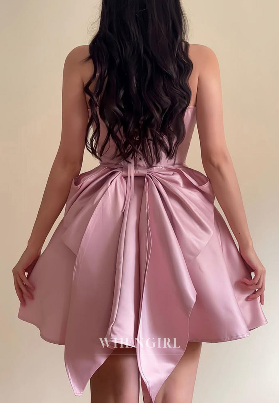 A-Line Satin Spaghetti Straps Party Dress Sleeveless Bowknot Lace Up Homecoming Dress
