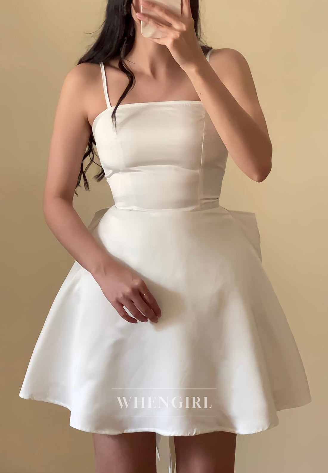 A-Line Satin Spaghetti Straps Party Dress Sleeveless Bowknot Lace Up Homecoming Dress