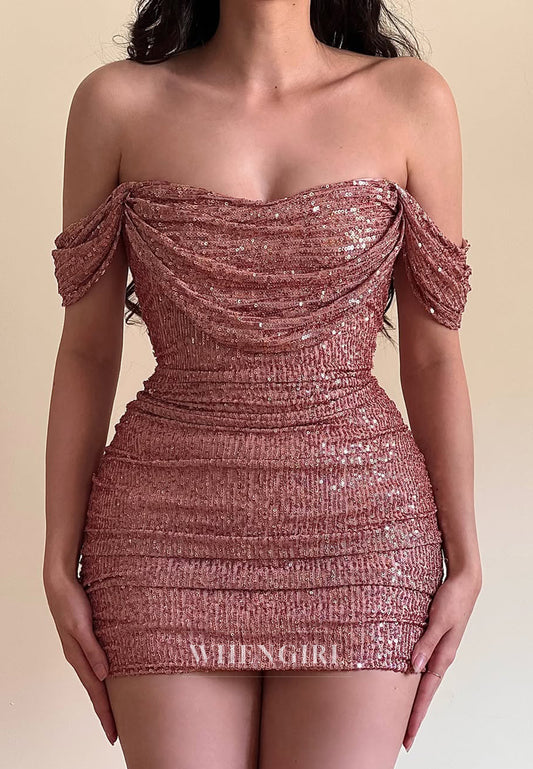 Sheath Quartz Off Shoulder Pleated Party Dress Sequins Sleeveless Homecoming Dress