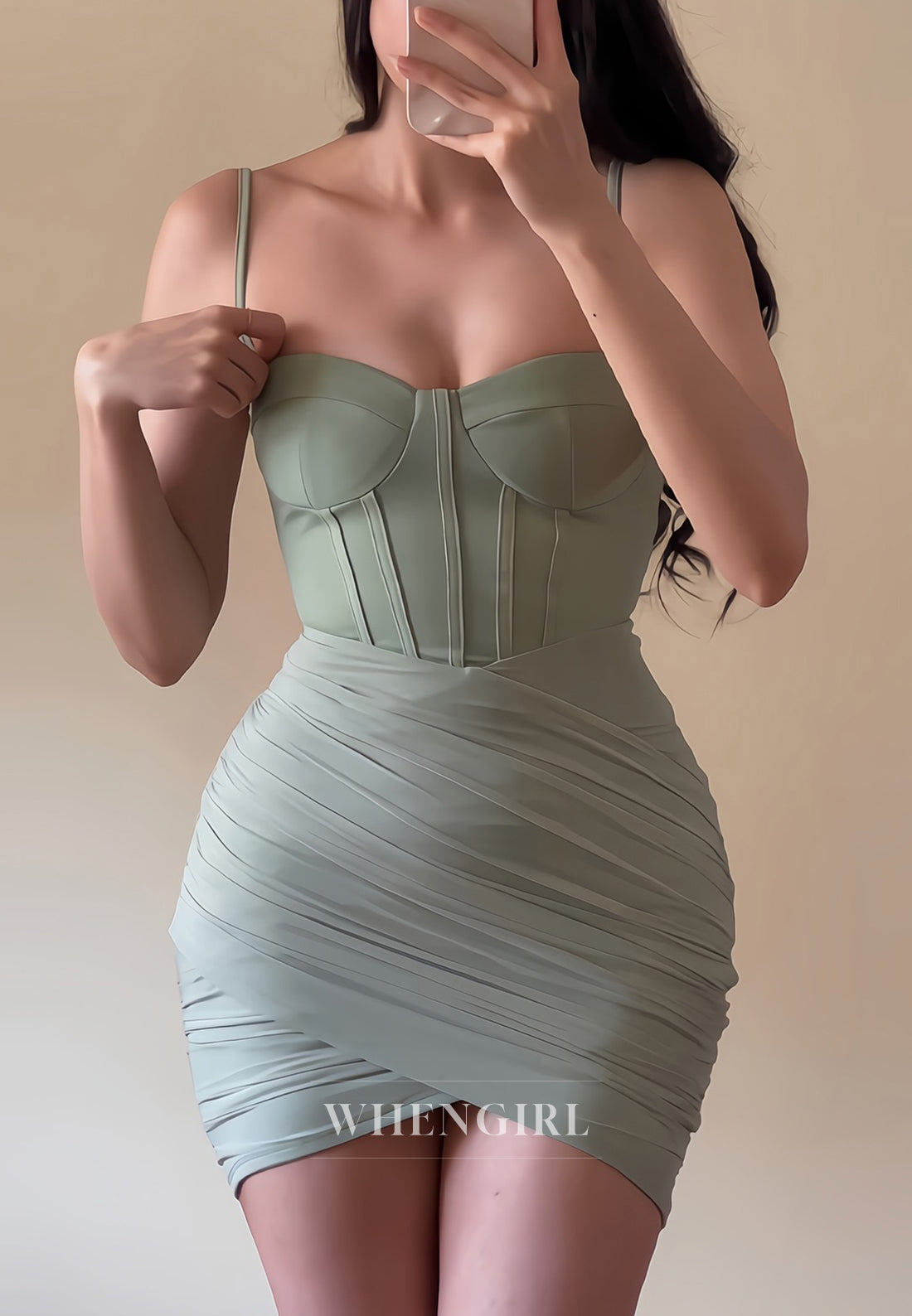 Agave Green Sweetheart Spaghetti Straps Sleeveless Pleated Sheath Homecoming Dress