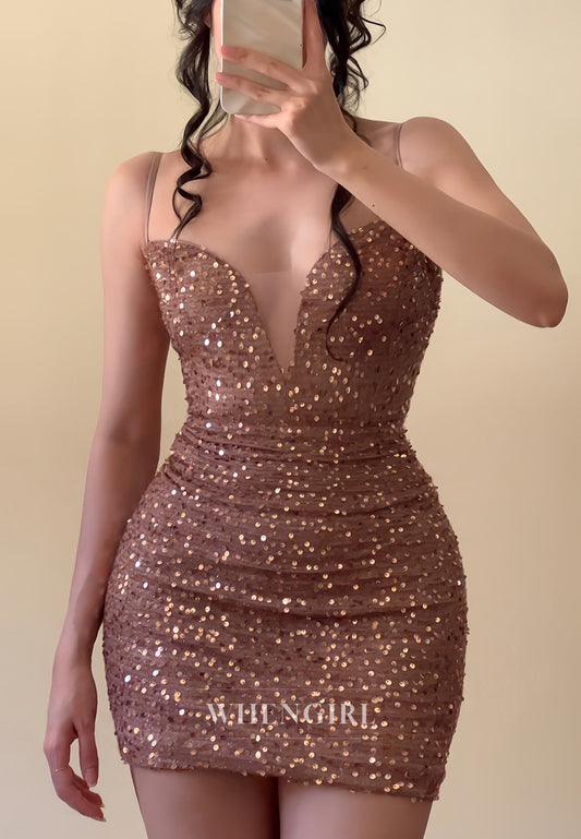 Sheath V Neck Spaghetti Straps Sleeveless Squins Cross Back Homecoming Dress