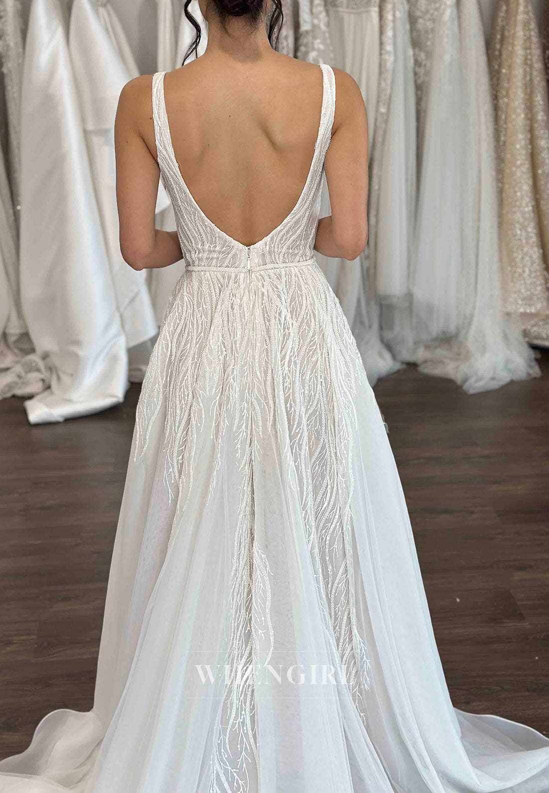 V Neck Sleeveelss Beaded Straps Vine Sweep Train A-Line Wedding Dress