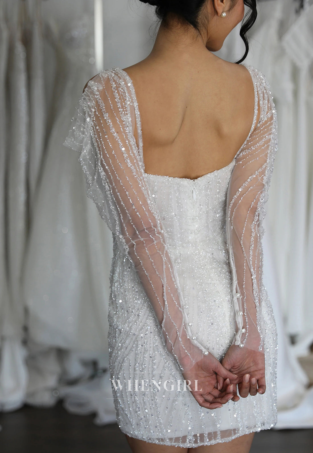 Sheath Sweetheart Sequins Beading Back Zipper Short Wedding Dress with Removable Long Sleeves