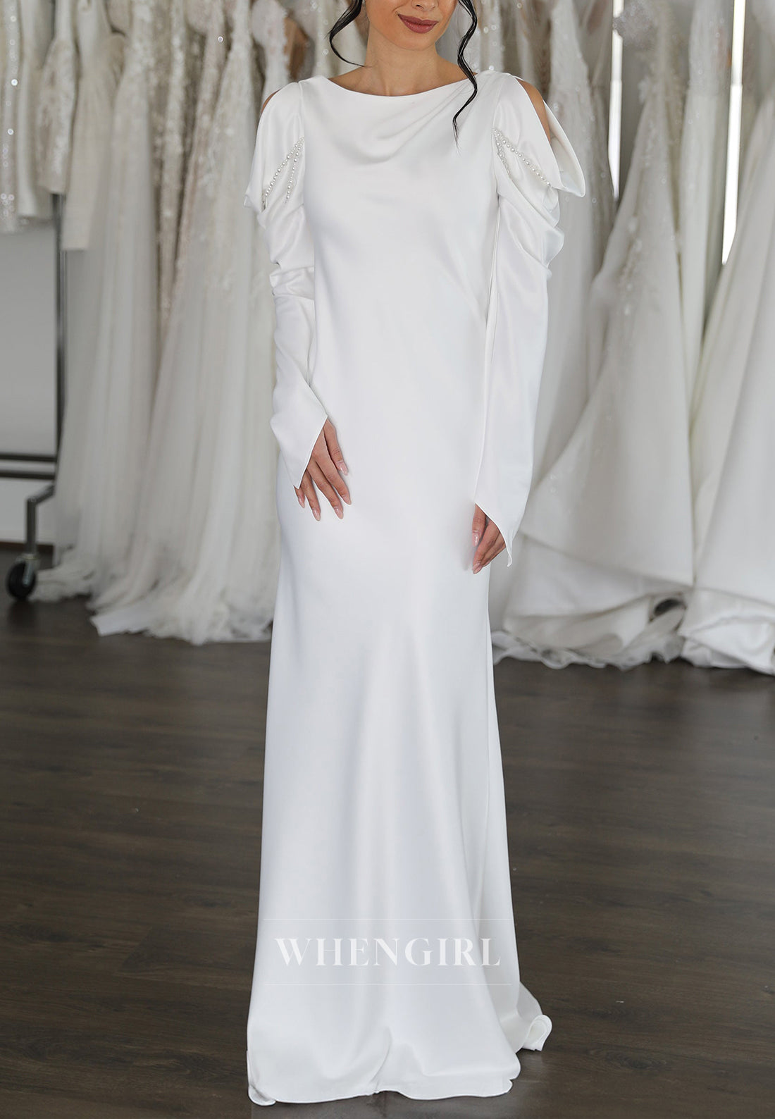 Simple Long Sleeves Bateau Neck V back Column Floor Length Wedding Dress