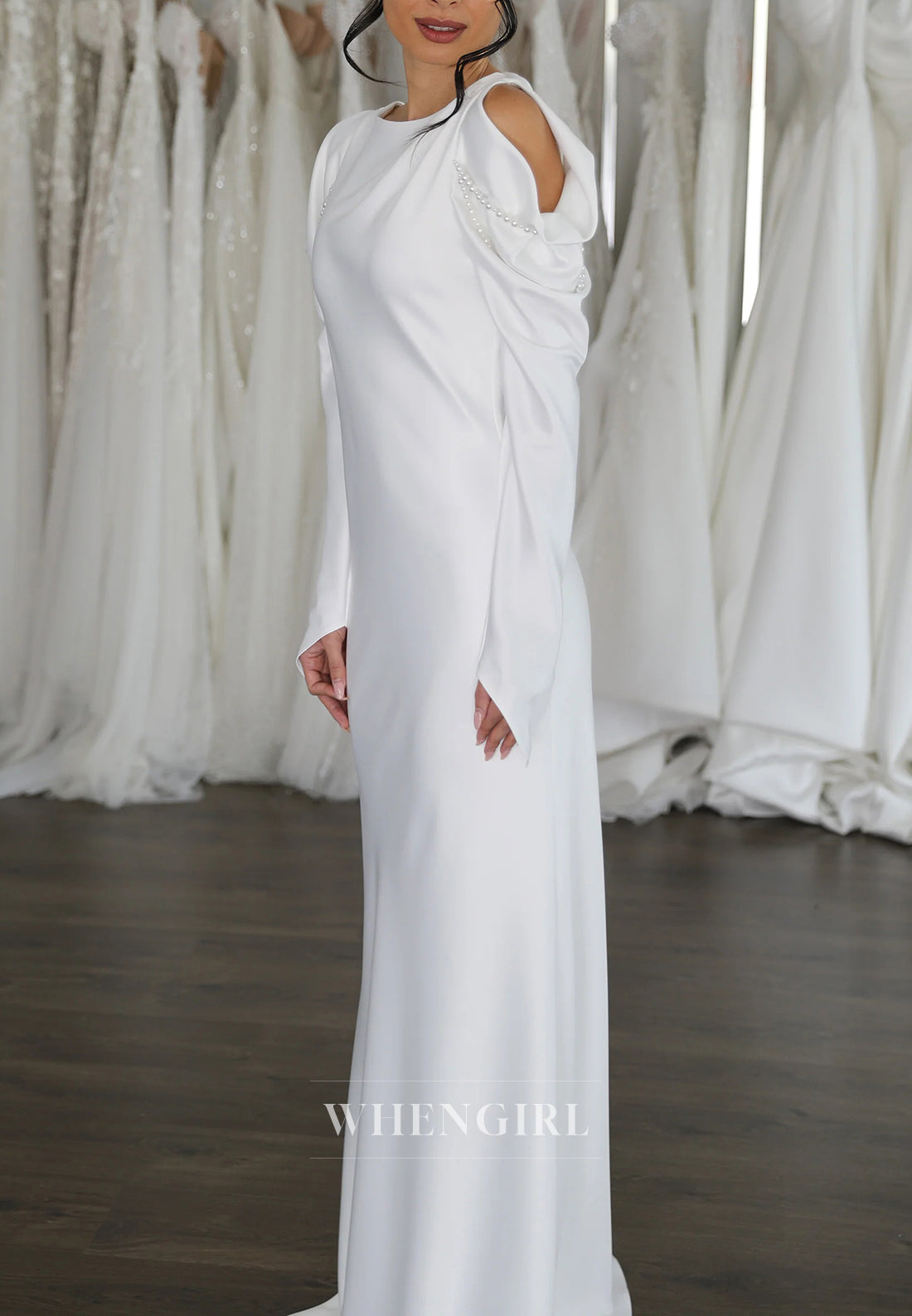 Simple Long Sleeves Bateau Neck V back Column Floor Length Wedding Dress