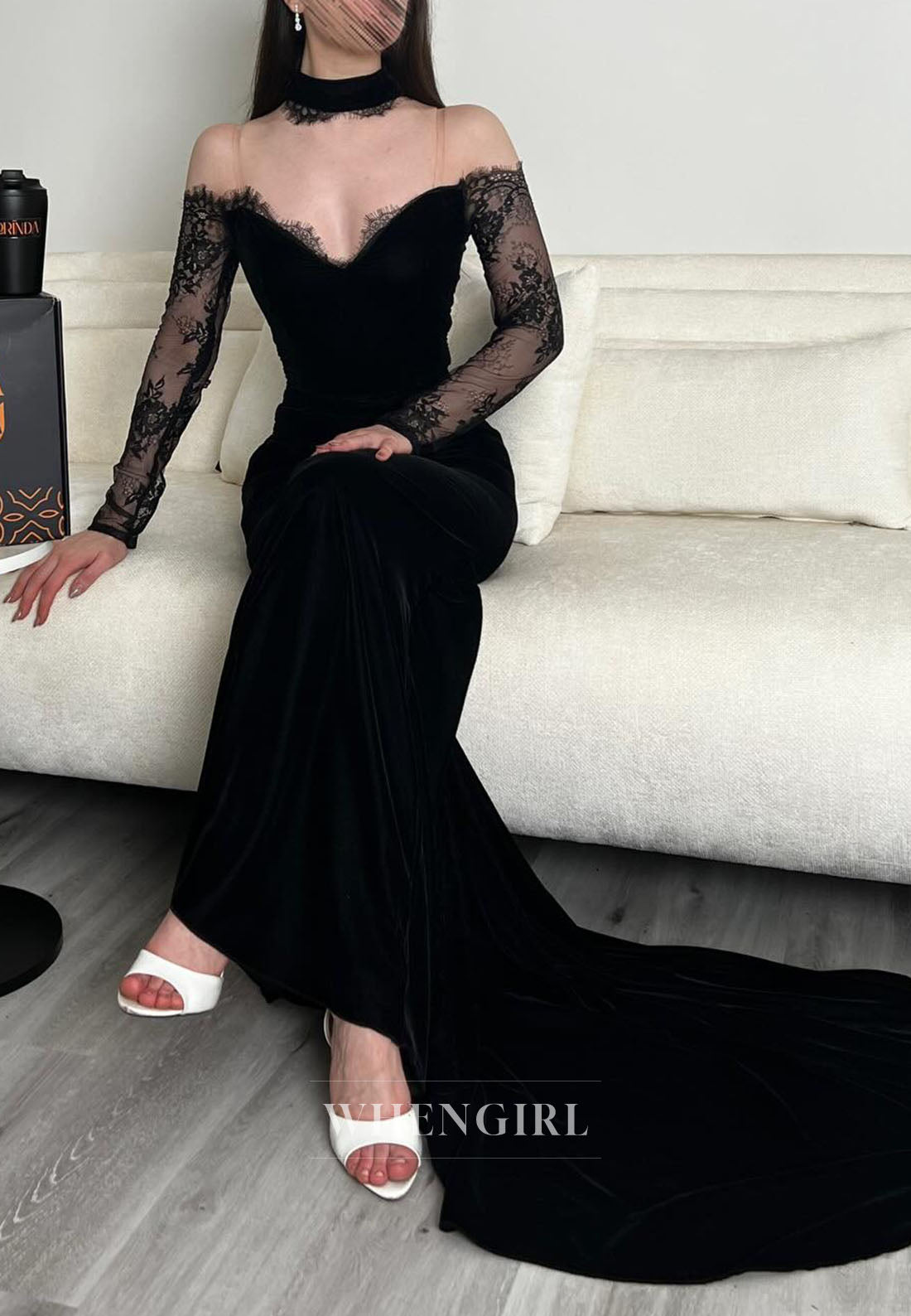Black Long Sleeves Off Shoulder Sweep Train Sheath Evening Formal Dress