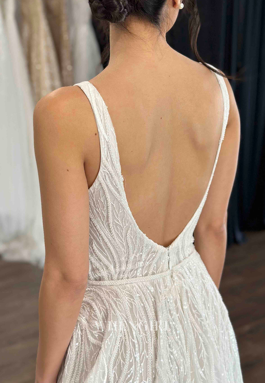 V Neck Sleeveelss Beaded Straps Vine Sweep Train A-Line Wedding Dress