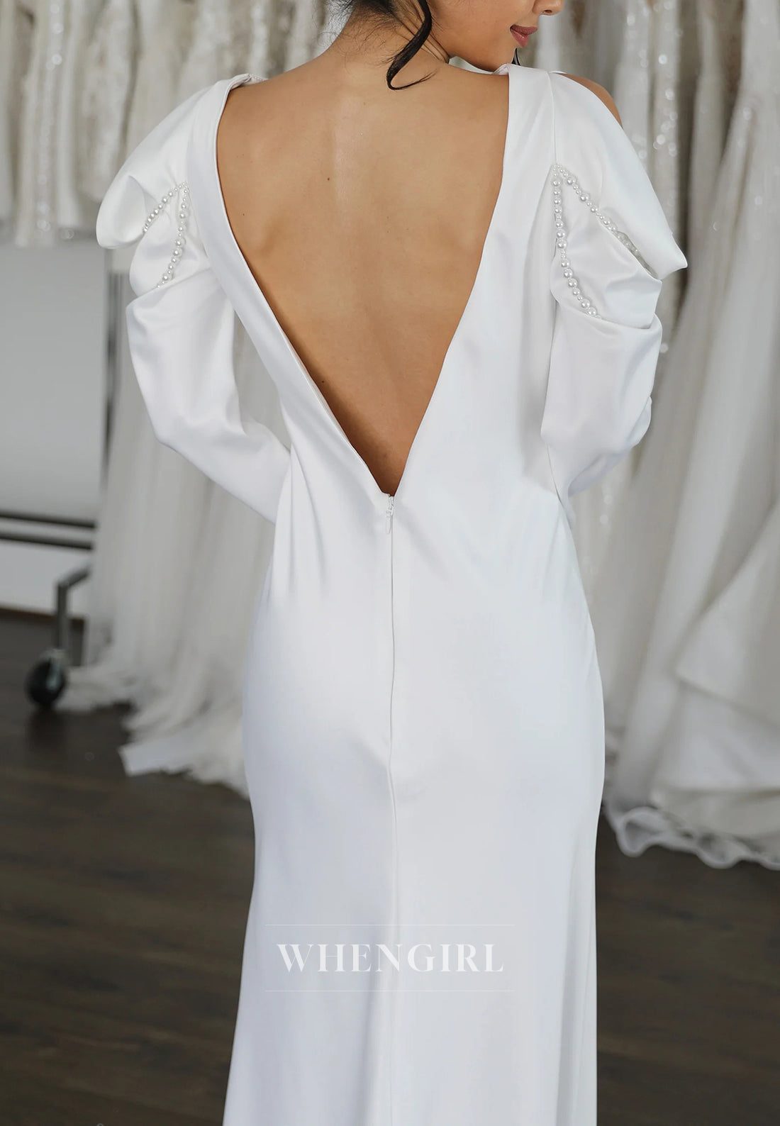 Simple Long Sleeves Bateau Neck V back Column Floor Length Wedding Dress