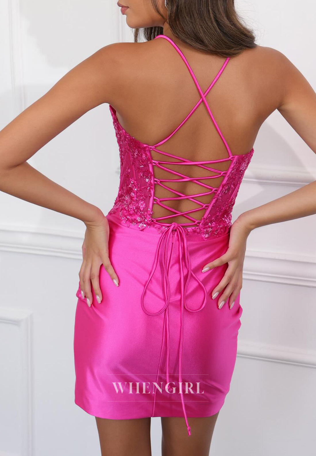 Fuchsia Spaghetti Straps Sleeveless Ruched Lace Up Short Sheath Homecoming Dress