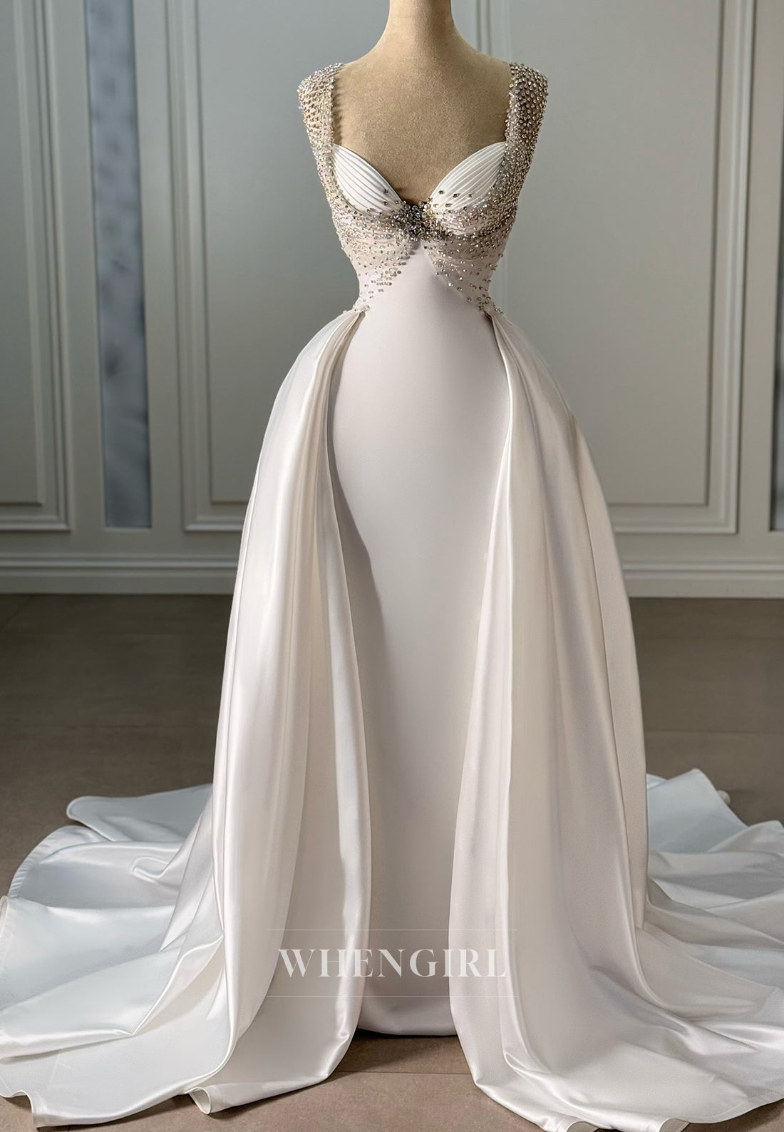 Sleeveless Sheath Sweetheart Satin Wedding Dress with Beads and Court Train