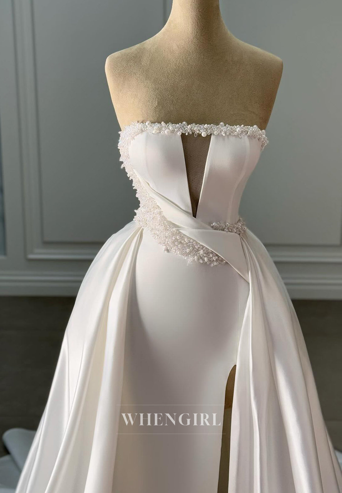 Strapless Pearl Beaded Cut Outs Pleated Sheath Wedding Dress with Side Slit and Court Train
