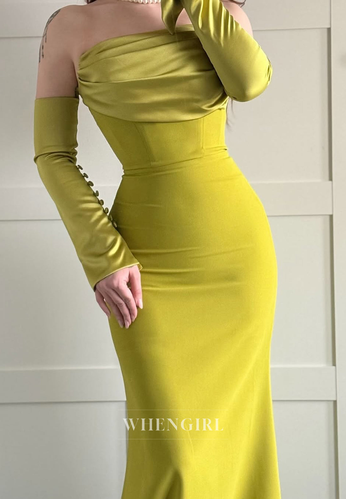 Daffodil Long Sleeves Pleated Strapless Sheath Floor Length Formal Evening Gown