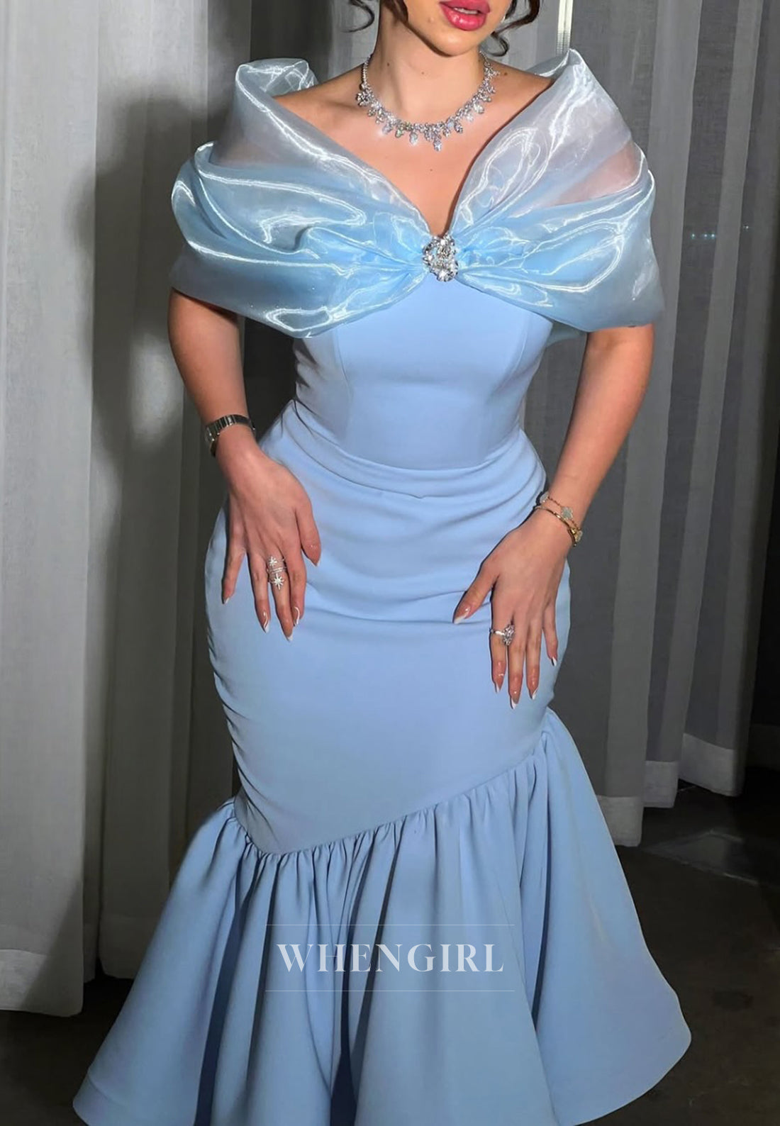 Off Shoulder Bowknot Sky Blue V Neck Tea Length Mermaid Formal Evening Dress