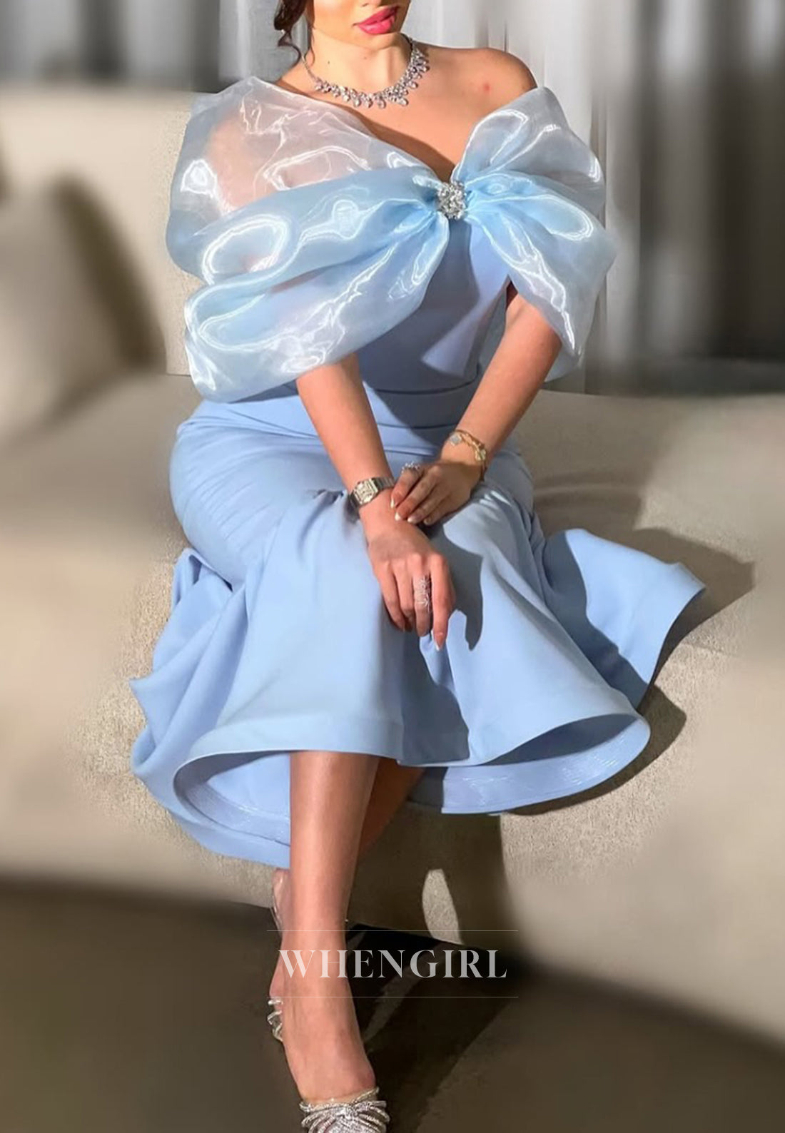 Off Shoulder Bowknot Sky Blue V Neck Tea Length Mermaid Formal Evening Dress