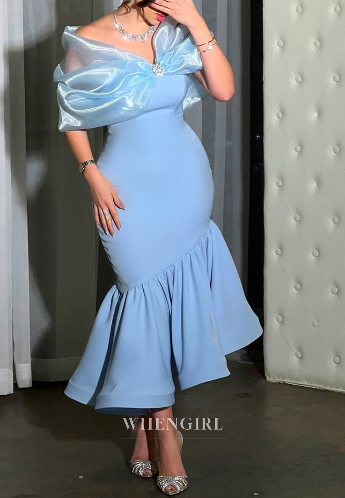 Off Shoulder Bowknot Sky Blue V Neck Tea Length Mermaid Formal Evening Dress