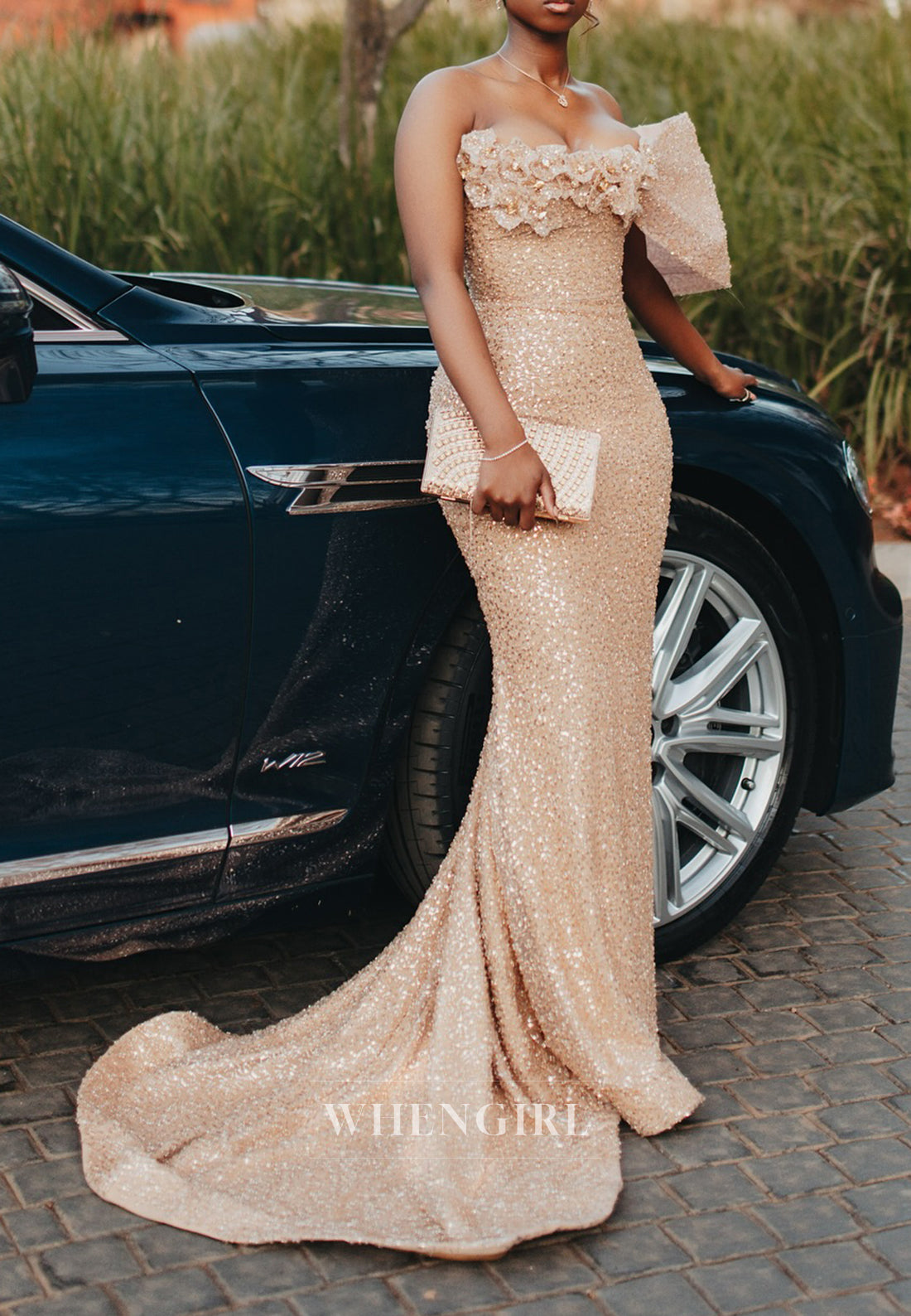 Champagne One Shoulder Floral Beaded Sweep Train Prom Dress