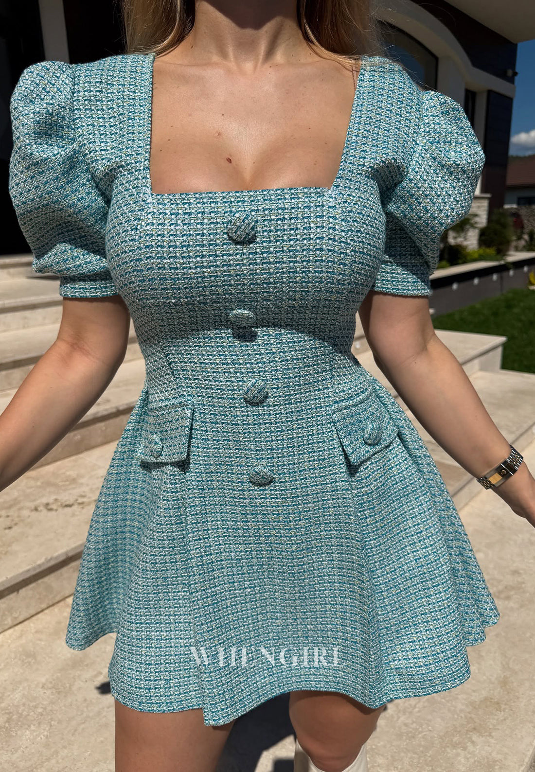 Blue Square Neck Short Puff Sleeves A-Line Short Homecoming Dress