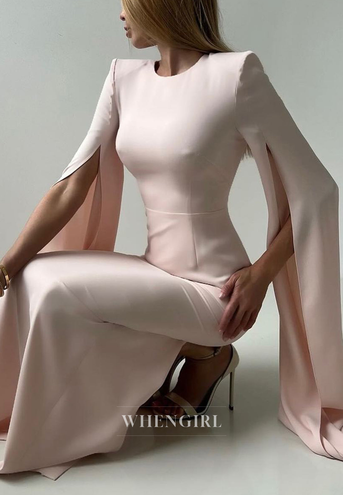 Blush Bateau Neck Long Sleeves Sheath Back Zipper Evening Formal Gown