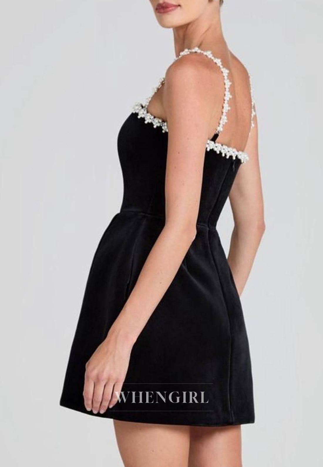 Black Velvet Sleeveless Pearls Beading Straps Sheath Homecoming Dress