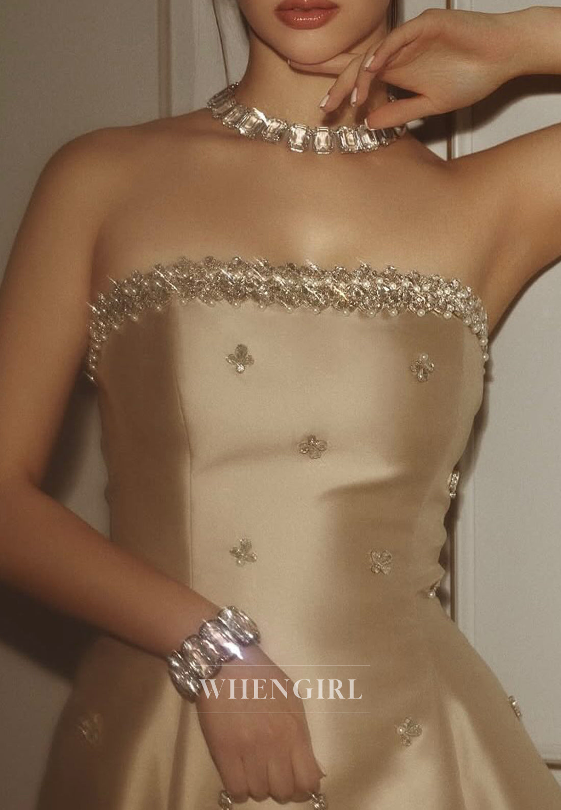 Champagne Tube Top Rhinestones Beading A-Line Satin Evening Formal Dress