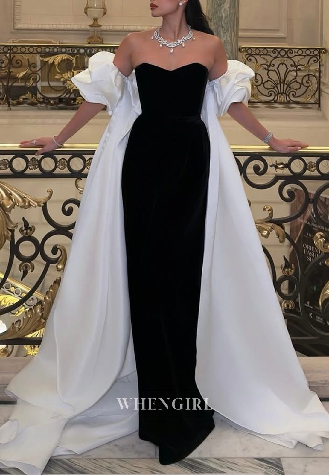 Black Velvet Sweetheart Strapless Sheath Evening Dress with White Cape