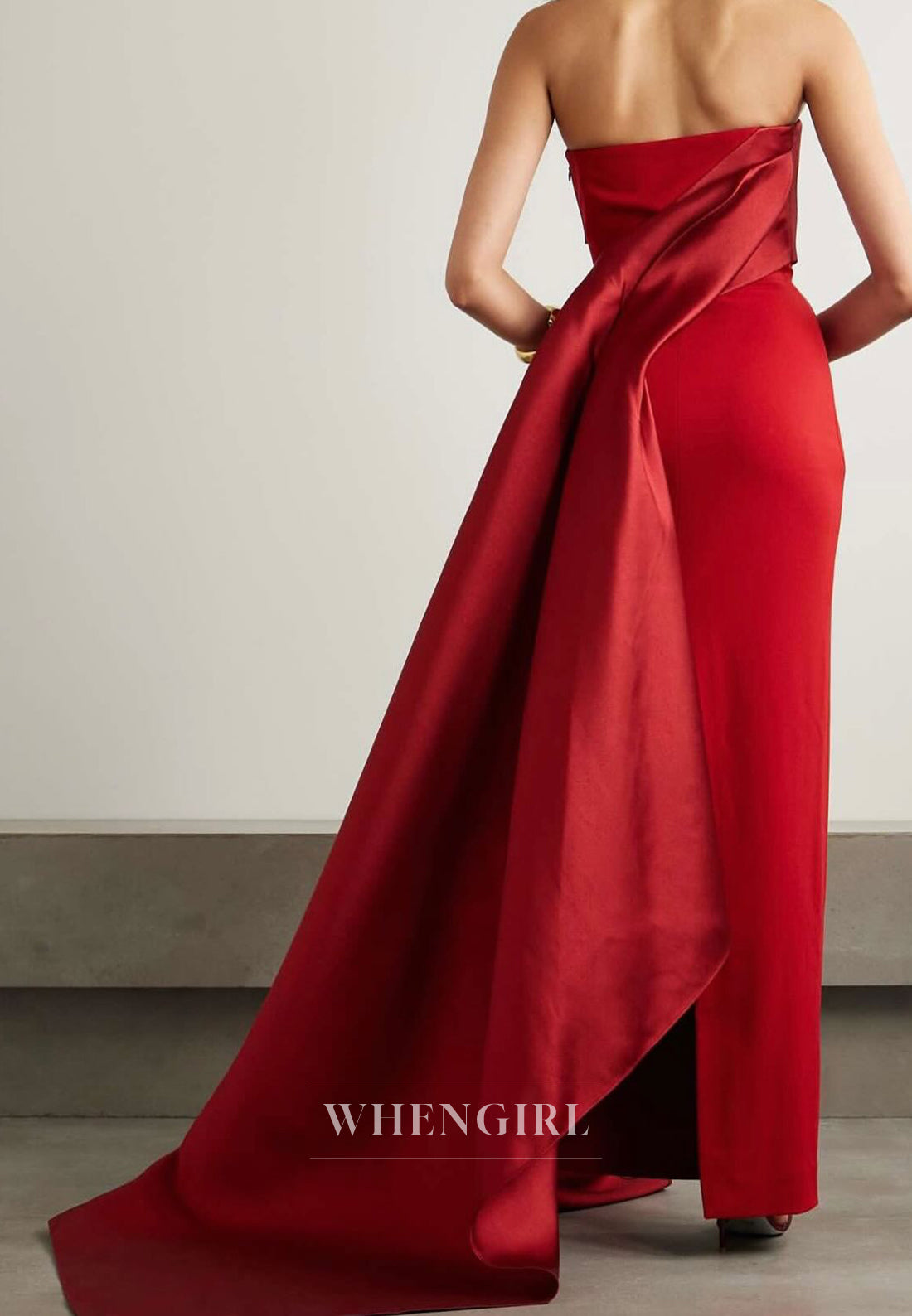 Red Tube Top Sleeveless Pleated Sheath Long Evening Dress with Side Train