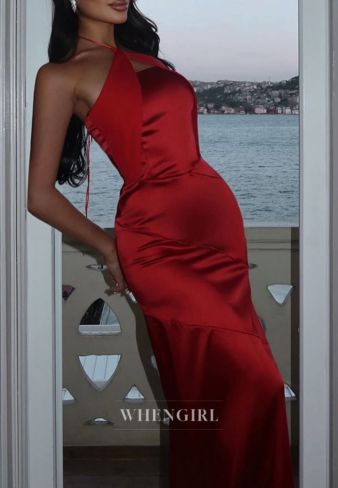 Burgundy Cross Neck Sleeveless Back Zipper Satin Evening Dress