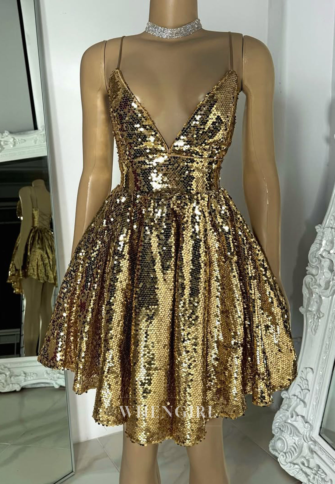 Gold V Neck Spaghetti Straps A-Line Sleeveless Cross Back Sequins Shor WhenGirl Gold V Neck Spaghetti Straps A-Line Sleeveless Cross Back Sequins Shor WhenGirl