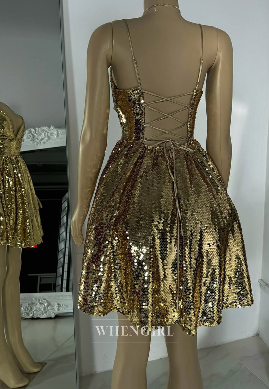 Gold V Neck Spaghetti Straps A-Line Sleeveless Cross Back Sequins Short Homecoming Dress