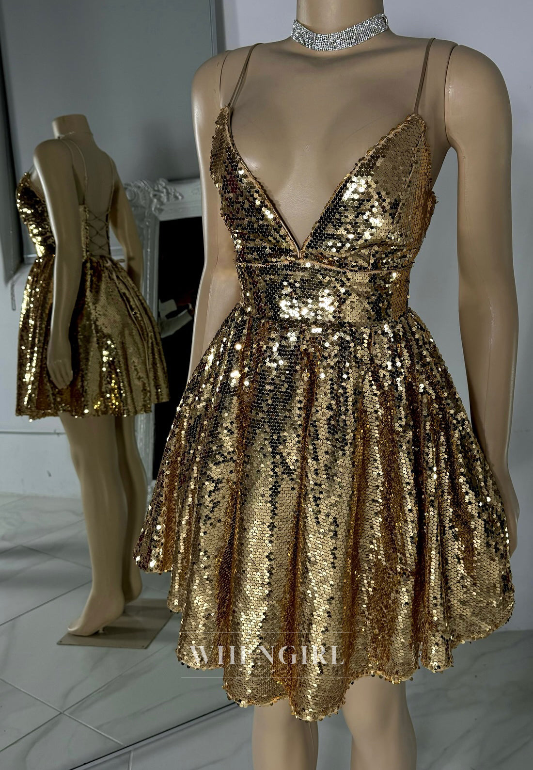 Gold V Neck Spaghetti Straps A-Line Sleeveless Cross Back Sequins Short Homecoming Dress