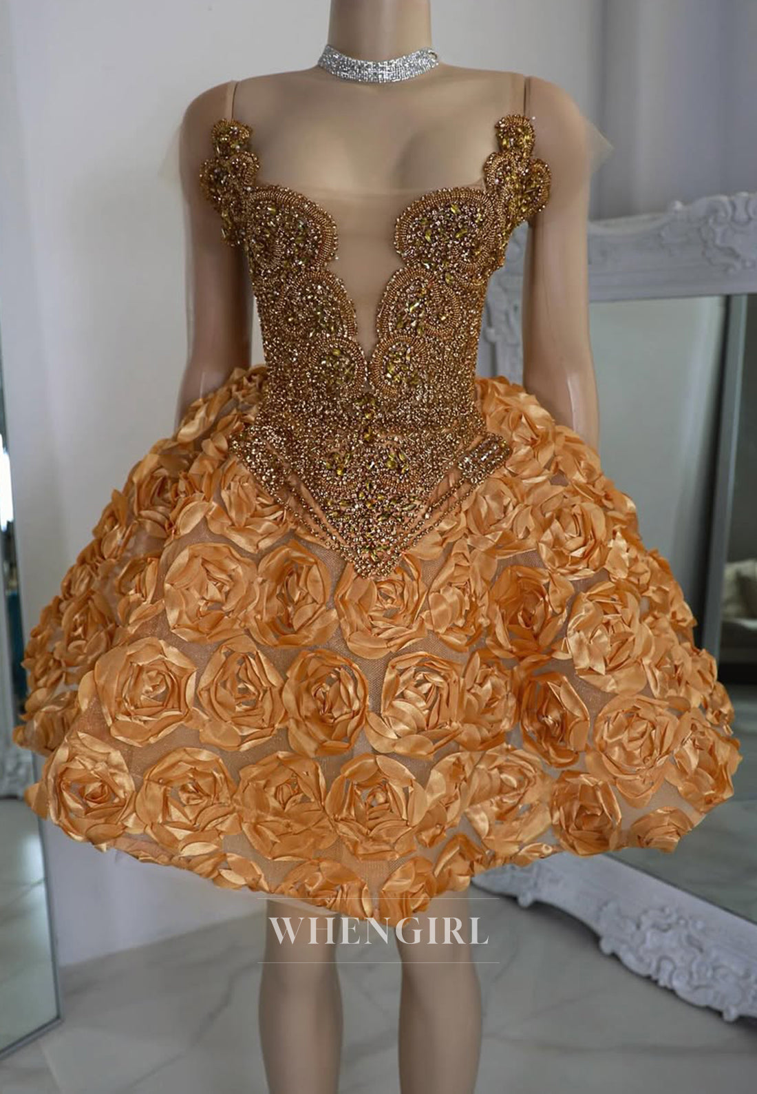 Asymmetrical Neck A-Line Beaded Flowers Homecoming Dress