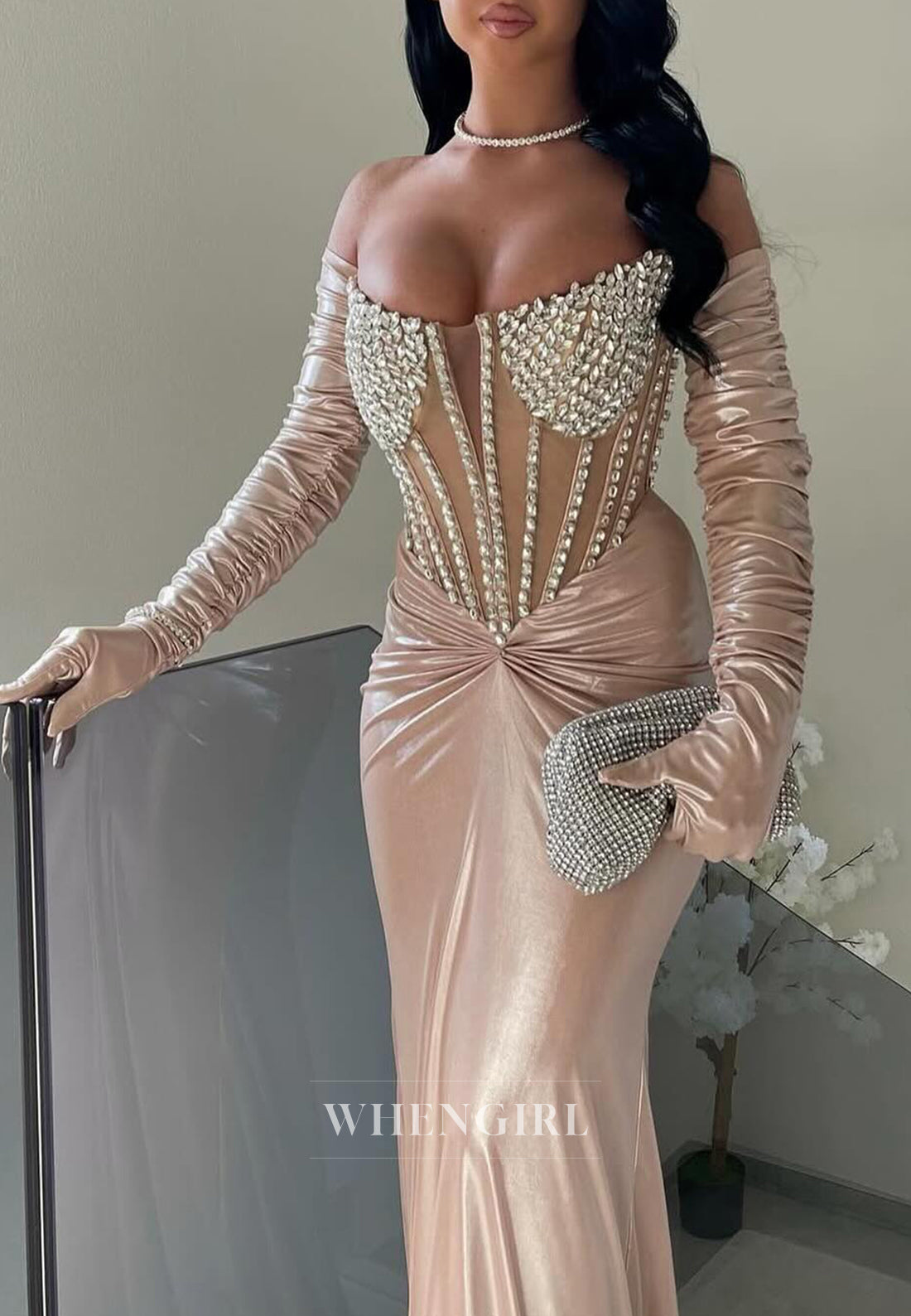 Champagne Strapless Beaded Bateau Neck Formal Gown Long Gloves Strapless Sheath Evening Dress