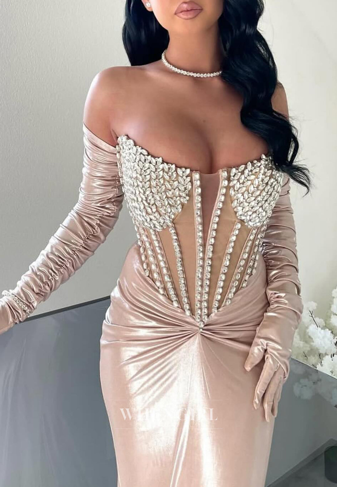 Champagne Strapless Beaded Bateau Neck Formal Gown Long Gloves Strapless Sheath Evening Dress