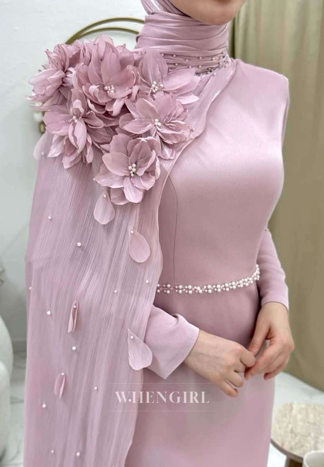 Pale Blush High Neck Long Sleeves Column Evening Dress Pearl Beaded 3D Flowers Formal Dress
