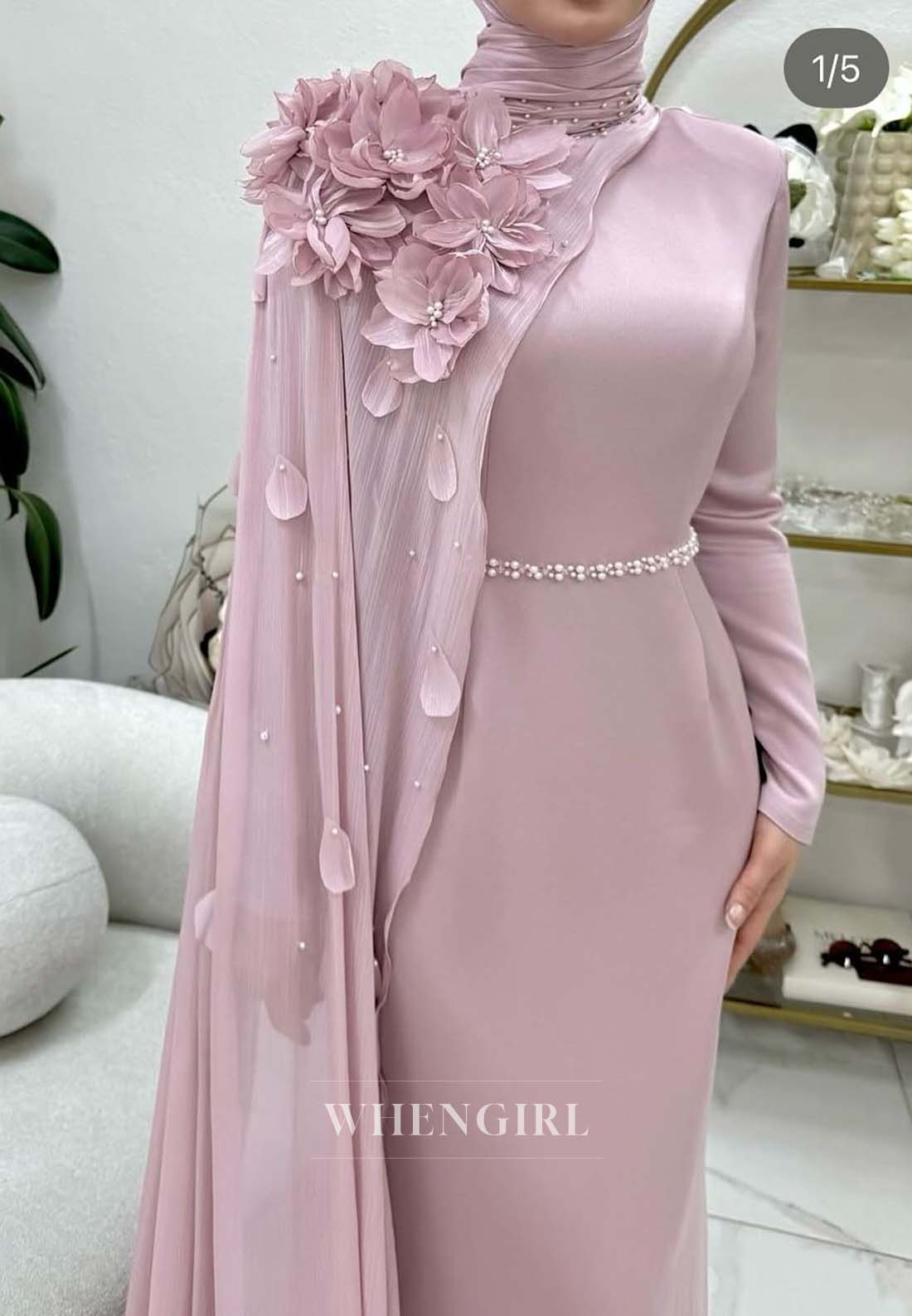 Pale Blush High Neck Long Sleeves Column Evening Dress Pearl Beaded 3D Flowers Formal Dress