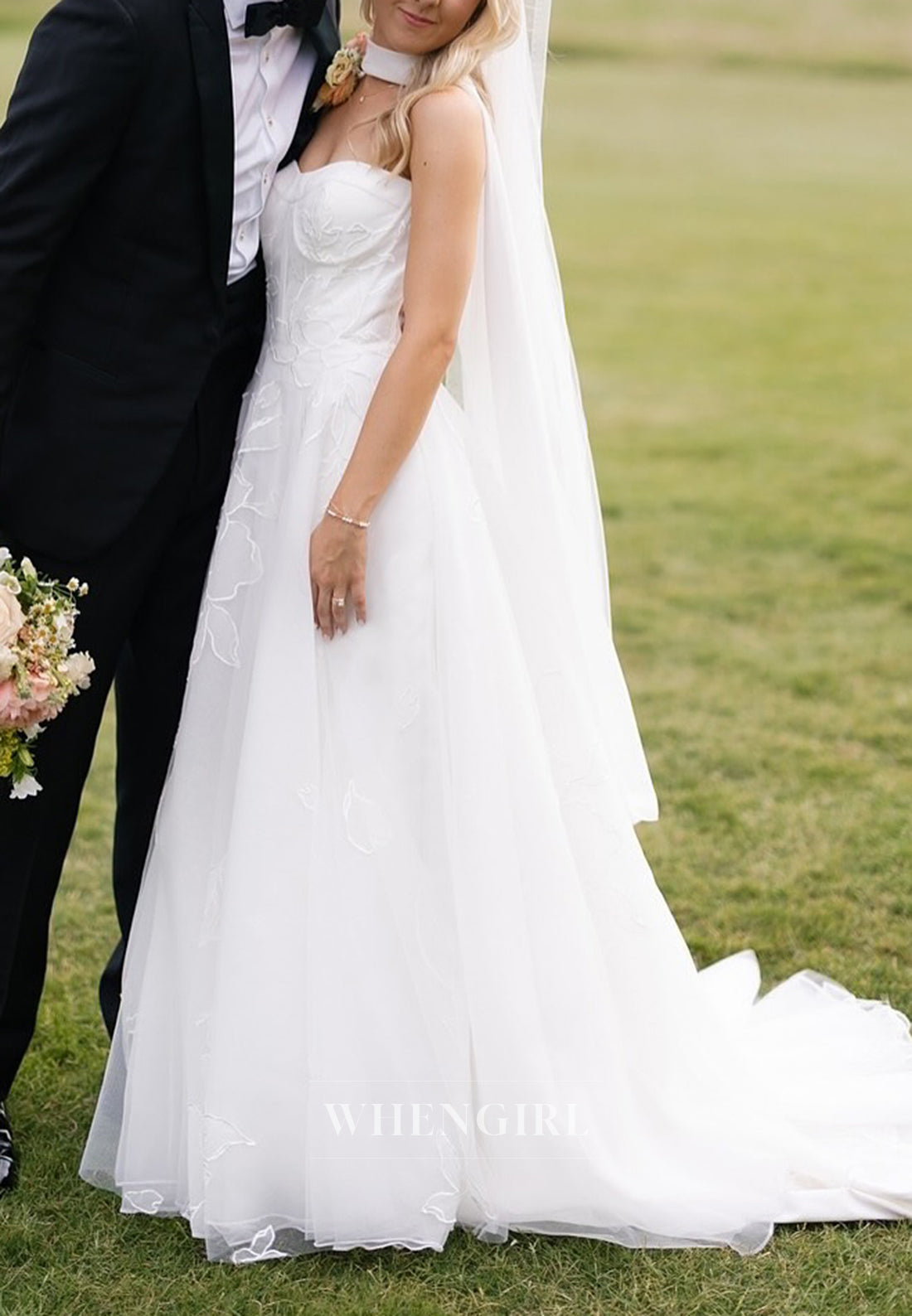 A-Line Sweetheart Sleeveless Side Slit Sweep Train Embroidery Wedding Dress