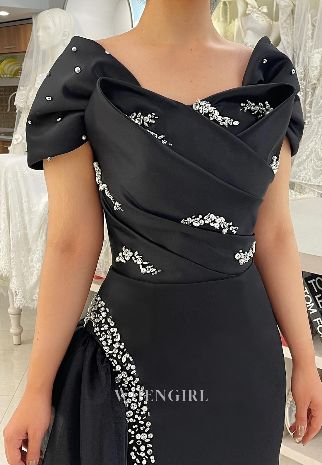 Black Beaded Cap Sleeves Pleated Formal Dress Sweep Train Sheath Evening Dress