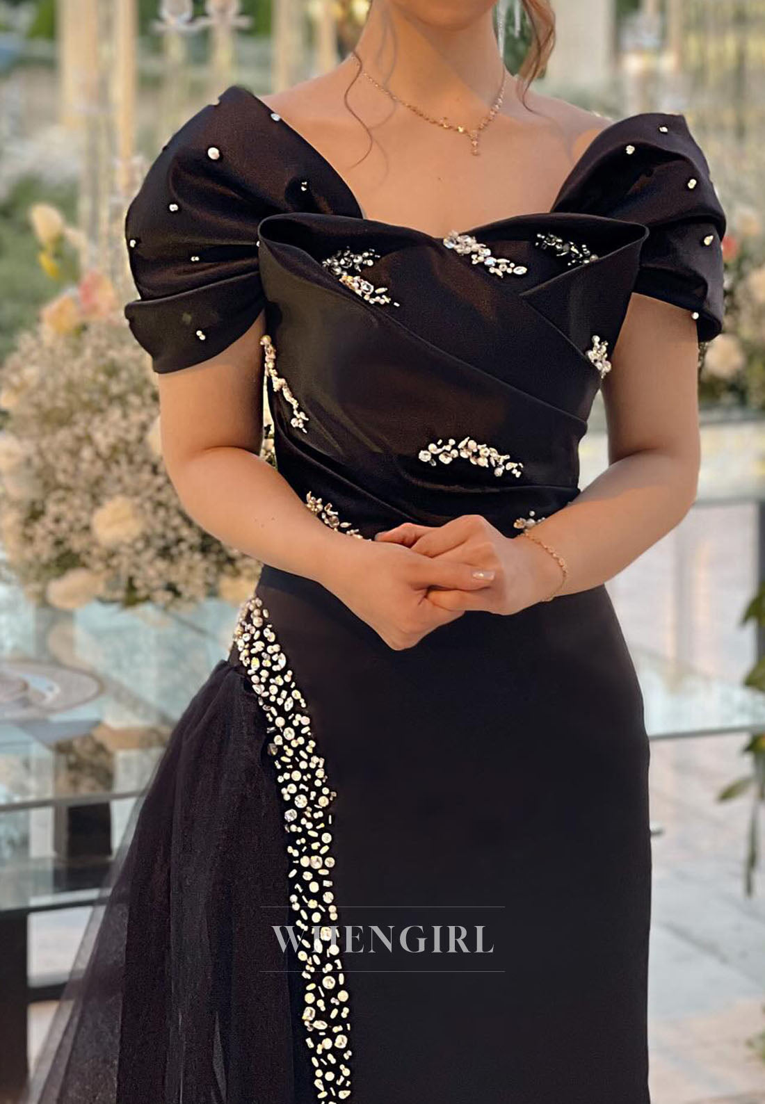 Black Beaded Cap Sleeves Pleated Formal Dress Sweep Train Sheath Evening Dress