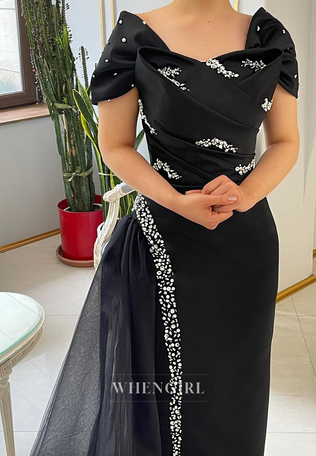 Black Beaded Cap Sleeves Pleated Formal Dress Sweep Train Sheath Evening Dress