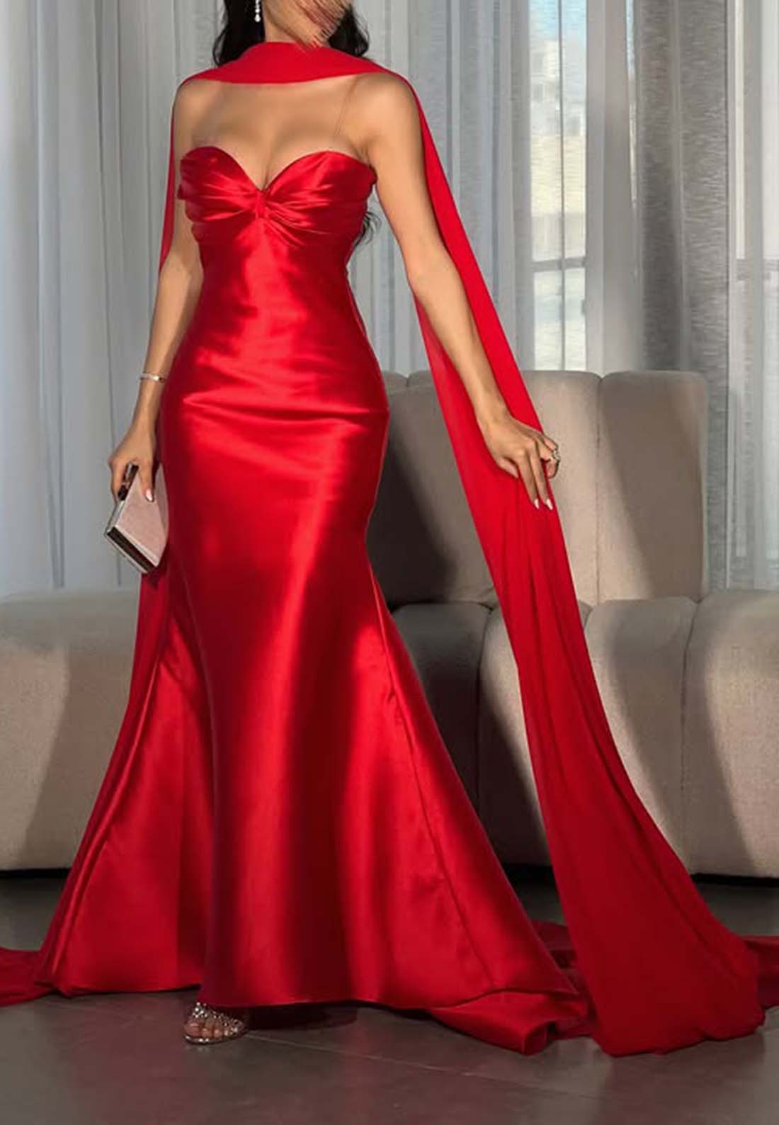 Mermaid Sleeveless Sweetheart Pleated Formal Dress Evening Gown with Cape