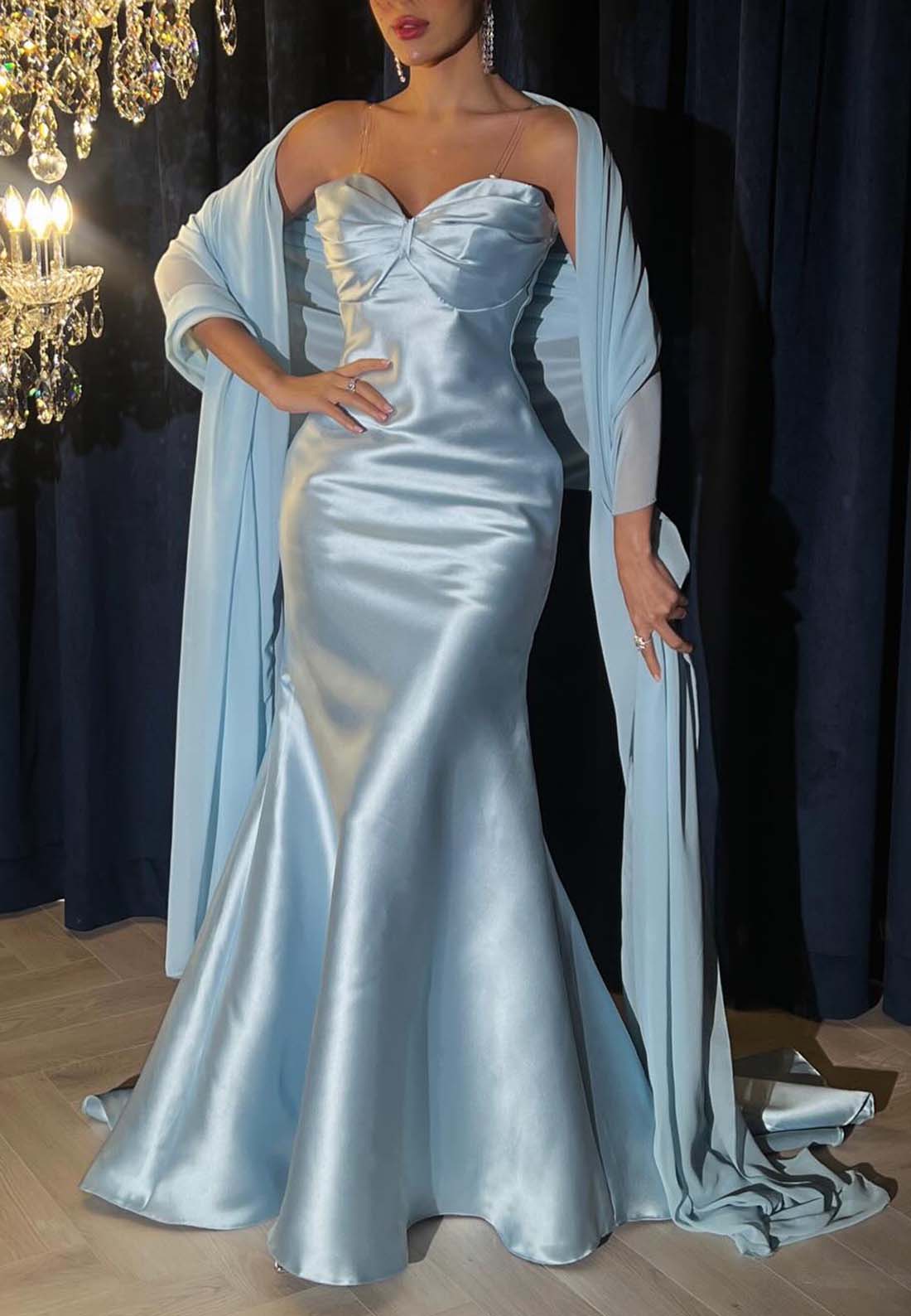 Mermaid Sleeveless Sweetheart Pleated Formal Dress Evening Gown with Cape